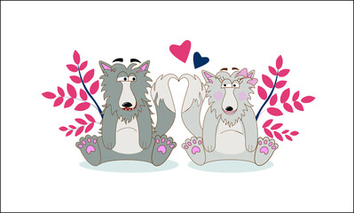 Cheerful, funny wolf and wolf. A family of wolves. Together forever. Cartoon characters, printing on T-shirts, postcards, banners. 