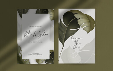 Beautiful wedding invitation template with tropical plants