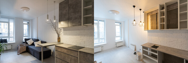 Comparison of a room in an apartment before and after renovation new house