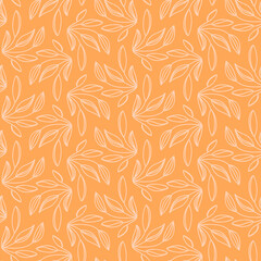 Seamless pattern with white outline leaves on yellow background