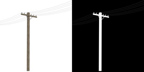 3D rendering illustration of a wooden telephone pole - obrazy, fototapety, plakaty