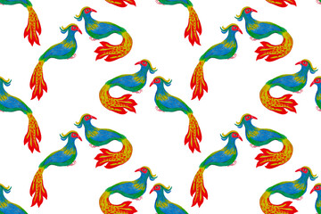 Seamless pattern with colorful watercolor birds on a white background. 