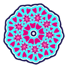 Bright abstract modern mandala. Pink and turquoise. Round symmetrical design with hearts. Oriental motif.