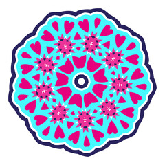 Bright abstract modern mandala. Pink and turquoise. Round symmetrical design with hearts. Oriental motif.