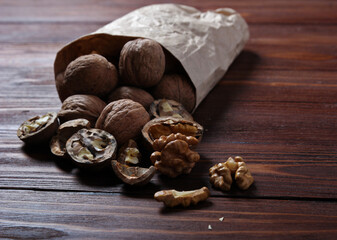 Nuts on a wooden background