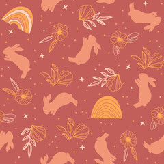 Seamless pattern with bunnies, flowers, rainbows and stars on red background for Easter designs