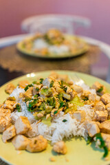 Fried tofu green onion chopped negi vegetable macro closeup showing texture on two plates in cafe restaurant or homemade food with nobody pov at seat eating