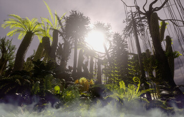 prehistoric forest Mesozoic era background render 3d