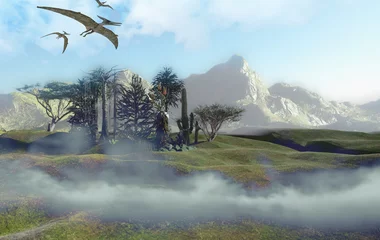 Foto op Plexiglas prehistoric forest Mesozoic era background render 3d © de Art