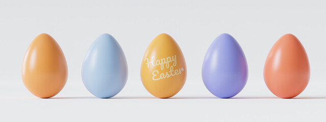 Colorful Easter eggs on white background, Spring holidays advertising, 3d render banner
