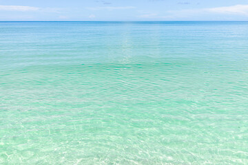Fototapeta na wymiar Beach in Naples in Southwest Florida with turquoise glass green idyllic water on summer day with blue sky coast horizon in paradise, nobody in landscape