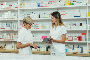 Senior female pharmacist working in a pharmacy with her young colleague