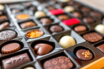 Box of chocolates truffles luxury gourmet milk and dark desserts package with different heart shapes variety macro closeup
