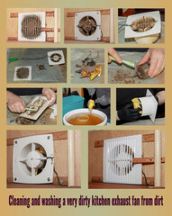 The process of cleaning and washing the kitchen exhaust fan. Collage