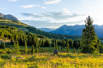 Open landscape view of San Juan mountains near Silverton, Colorado in late summer morning sunrise with meadow valley and coniferous trees © Kristina Blokhin
