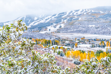 Aspen, Colorado mountains roaring fork valley high angle view of airport during late fall season...