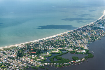High angle aerial view of Ft Myers beach landscape near Sanibel Island in southwest in Florida...