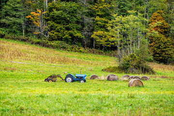 Obraz na płótnie Canvas Farm fields and green trees in autumn fall near Dolly Sods, West Virginia countryside village with tractor harvesting cereal for livestock feed hay bale rolls