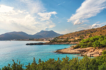 Fototapeta na wymiar Palamutbuku beach in Datca Peninsula, Mugla region, Turkey on Aegean sea. Popular summer vacations destination