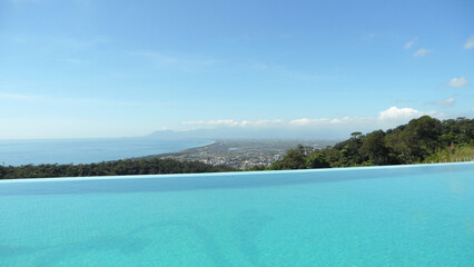 High angle view of the beautiful swimming pool, Yilan Plain and cityscape