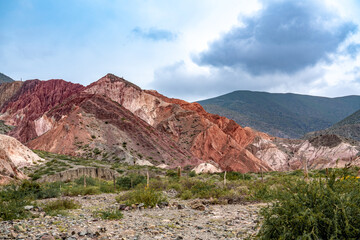 Argentina, in the location of Purmamarca, incredibly beautiful rock formations with intense colours after a rainy day 