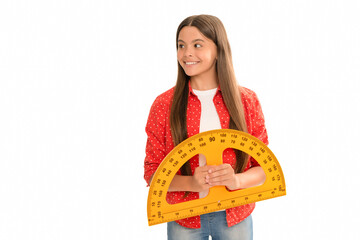 happy teen girl hold protractor measuring angle degree at school isolated on white, education