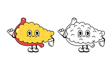 Cute funny pancreas character. Vector hand drawn traditional cartoon vintage, retro, kawaii character icon. Pancreas emoji,child,adorable,kids concept. Outline cartoon illustration for coloring book