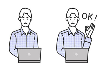 シャツを着たオフィスカジュアルでパソコンの前に座るエンジニア風の男性の表情バリエーションの白背景に線画のシンプルなイラスト