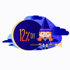 12 percent off - Halloween - Cute Little Red-haired Witch Cartoon sitting on the broom in the starry night, with clouds and a big discount tag.