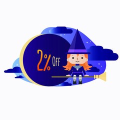 2 percent off - Halloween - Cute Little Red-haired Witch Cartoon sitting on the broom in the starry night, with clouds and a big discount tag.