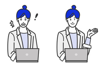 働くお母さんをイメージしたのパソコンの前に座るアジア人女性の表情のバリエーションの白バックのシンプルな線画のイラスト