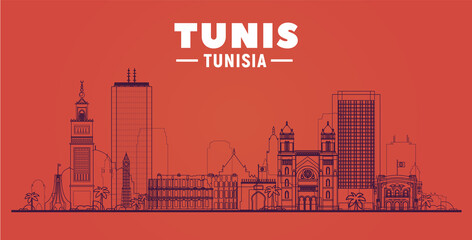 Tunis, ( Tunisia ) city line skyline vector illustration white background. Business travel and tourism concept with modern buildings. Image for presentation, banner, web site. - obrazy, fototapety, plakaty