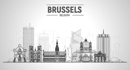 Brussels (Belgium) line skyline with panorama in white background. Vector Illustration. Business travel and tourism concept with modern buildings. Image for presentation, banner, website. - obrazy, fototapety, plakaty