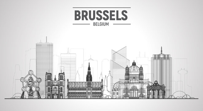 Brussels (Belgium) line skyline with panorama in white background. Vector Illustration. Business travel and tourism concept with modern buildings. Image for presentation, banner, website.