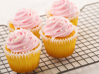 Appetizing cupcakes with cream on a metal grill isolated on a white background. Close-up. Restaurant, hotel, cafe, confectionery, banquet, birthday, holiday.