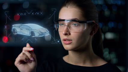 Engineer designing car hologram in high technological glasses thinking closeup