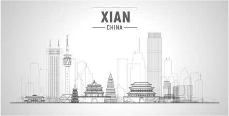 Xian line Skyline. (China ) Vector illustration. Business travel and tourism concept with modern buildings. Image for presentation, banner, website. - obrazy, fototapety, plakaty