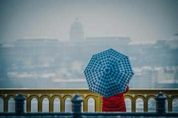 A view of a person with blue umbrella from Margaret bridge on a foggy day