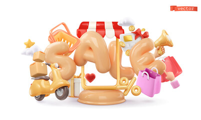 3d sale text. Online shop render vector illustration