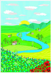 Obraz premium Cartoon-style countryside, river and fields and farmlands, wildflowers