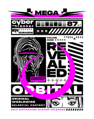cyber retro future typographic poster design with graphic design elements - obrazy, fototapety, plakaty