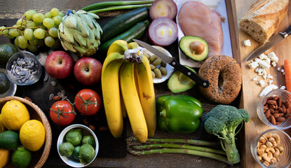 Mediterranean Diet food displayed on natural surfaces top view