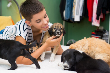 Young woman playing with puppies on bed.