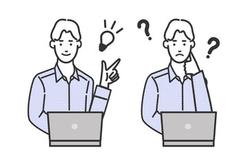 シャツを着たオフィスカジュアルでパソコンの前に座るエンジニア風の男性のマルバツやオッケーなどの表情バリエーションの白背景に線画のシンプルなイラスト