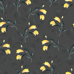 Yellow flowers on a background of transparent leaves. Pattern. Vector illustration