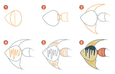 Instructions for drawing angelfish. Step by step.