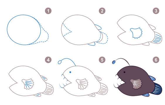 Instructions for drawing anglerfish. Step by step.