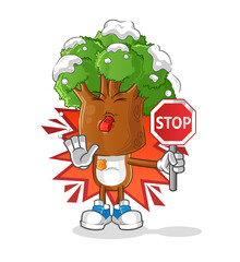 tree head cartoon holding stop sign. cartoon mascot vector