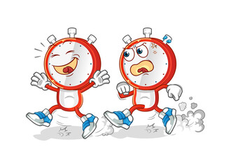 alarm clock head cartoon play chase. cartoon mascot vector