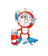 alarm clock head cartoon swimmer with buoy mascot. cartoon vector
